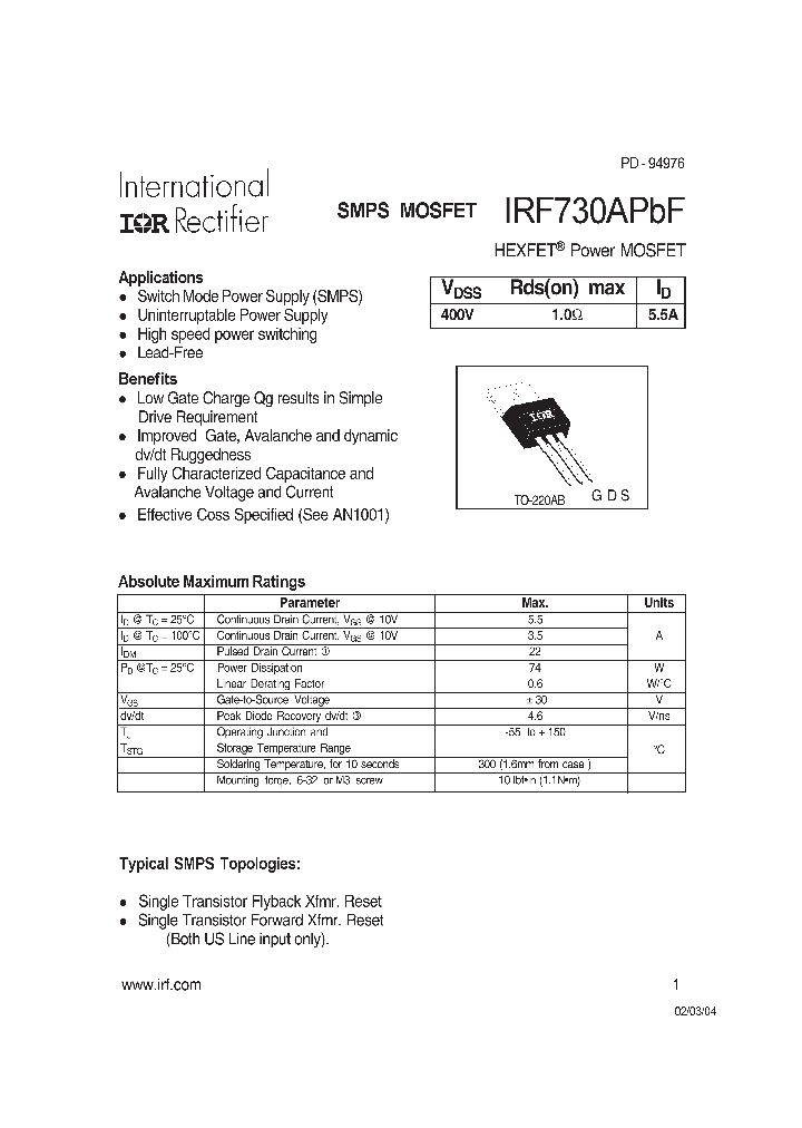 IRF730APBF_26829.PDF Datasheet