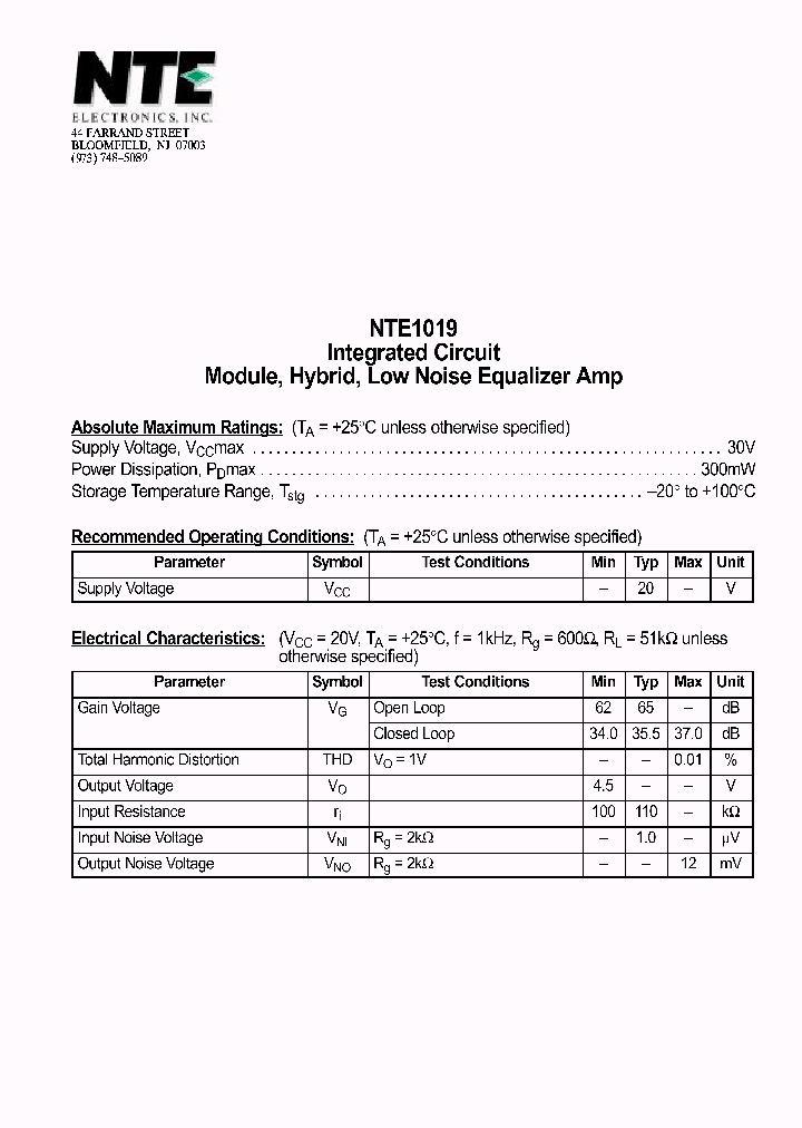 NTE1019_69608.PDF Datasheet
