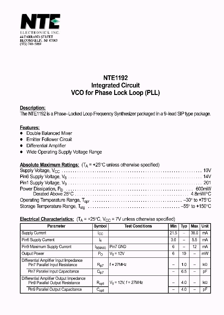 NTE1192_69697.PDF Datasheet