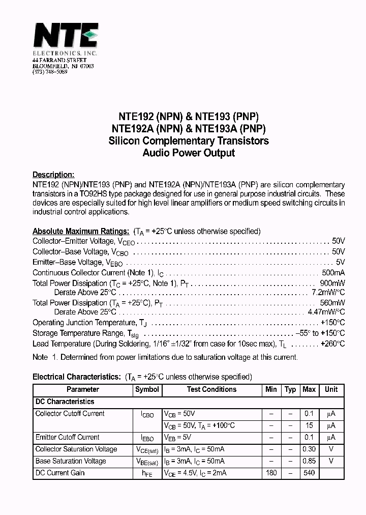 NTE192_69770.PDF Datasheet