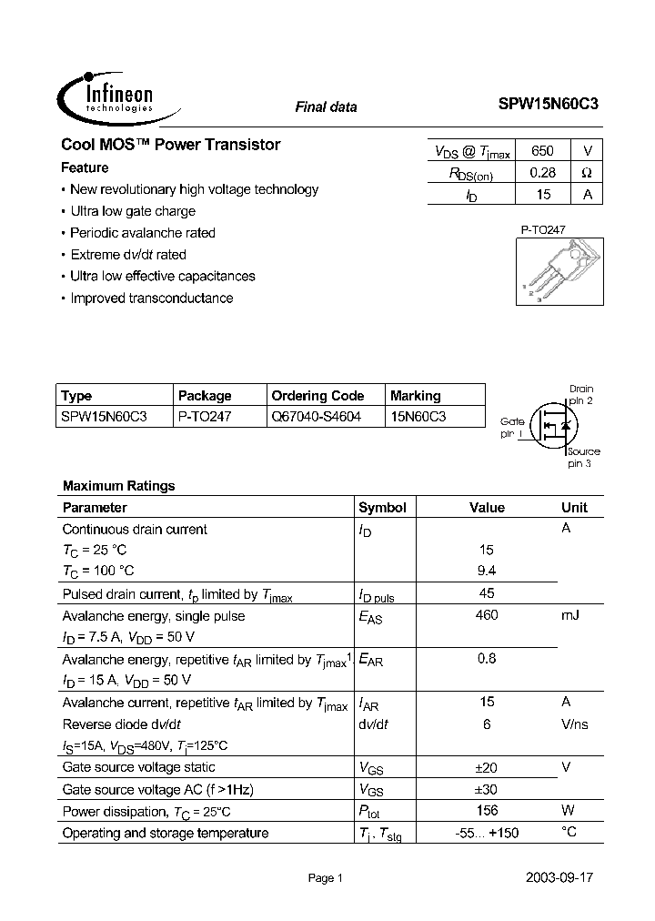 SPW15N60C3_53063.PDF Datasheet