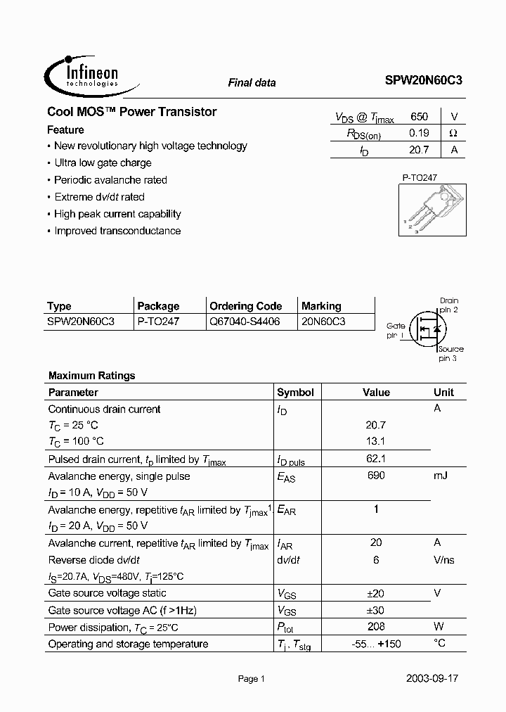 SPW20N60C3_14619.PDF Datasheet