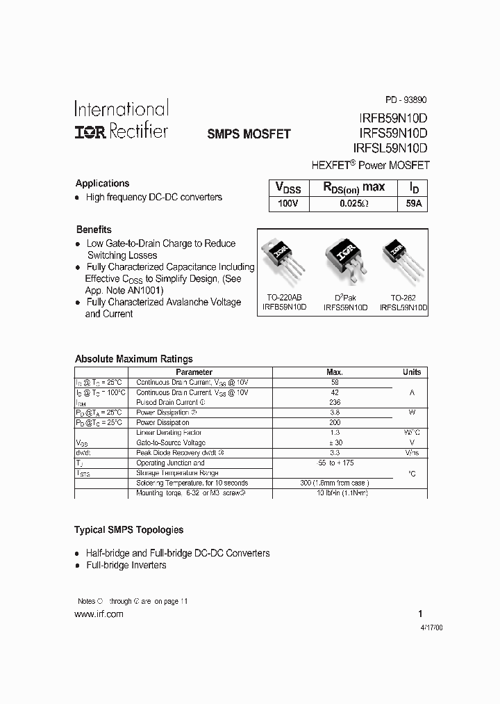 IRFS59N10D_201767.PDF Datasheet