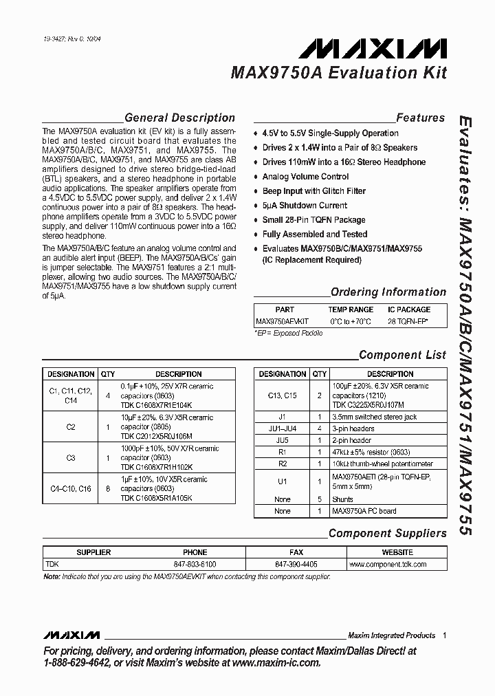 MAX9750AEVKIT_291298.PDF Datasheet