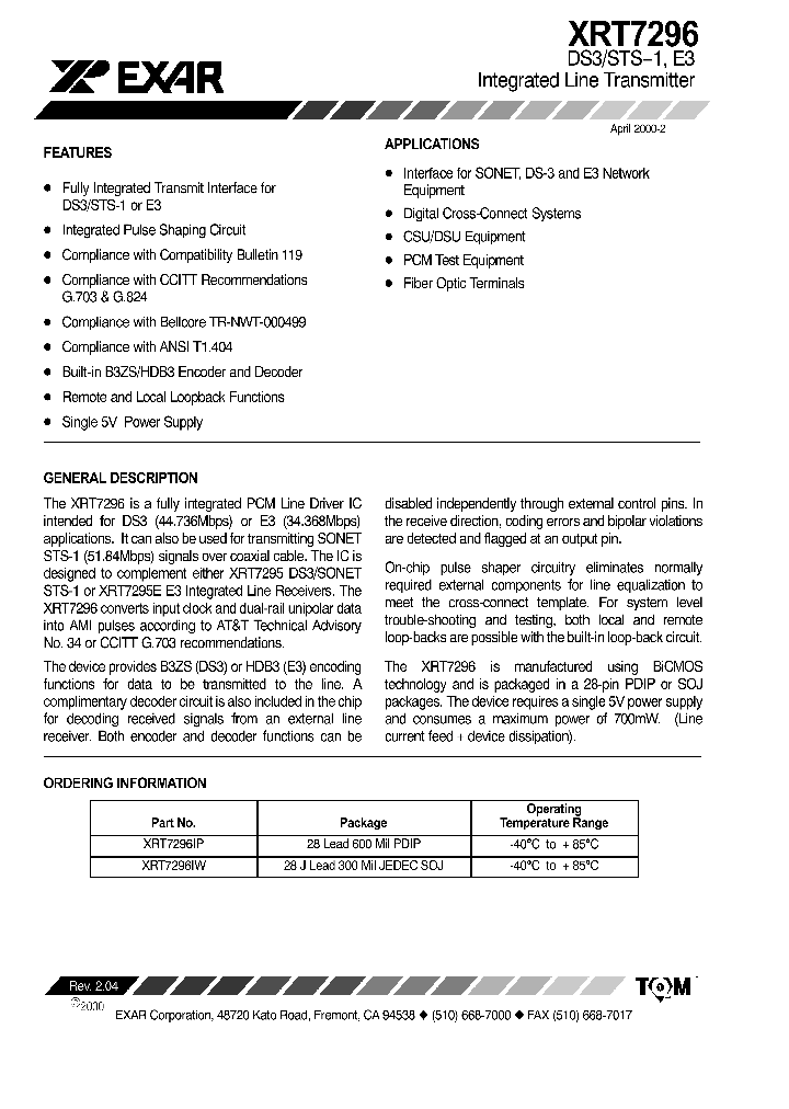 XRT7296IW_271789.PDF Datasheet