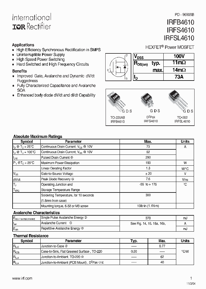 IRFB4610_259220.PDF Datasheet