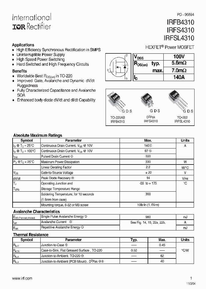 IRFB4310_156785.PDF Datasheet
