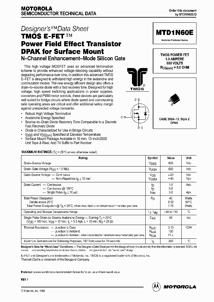 MTD1N60E_232193.PDF Datasheet