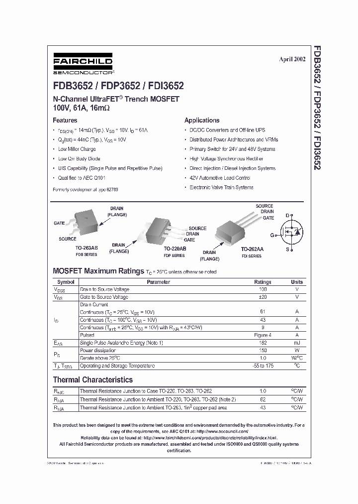FDB3652FDP3652FDI3652_305795.PDF Datasheet