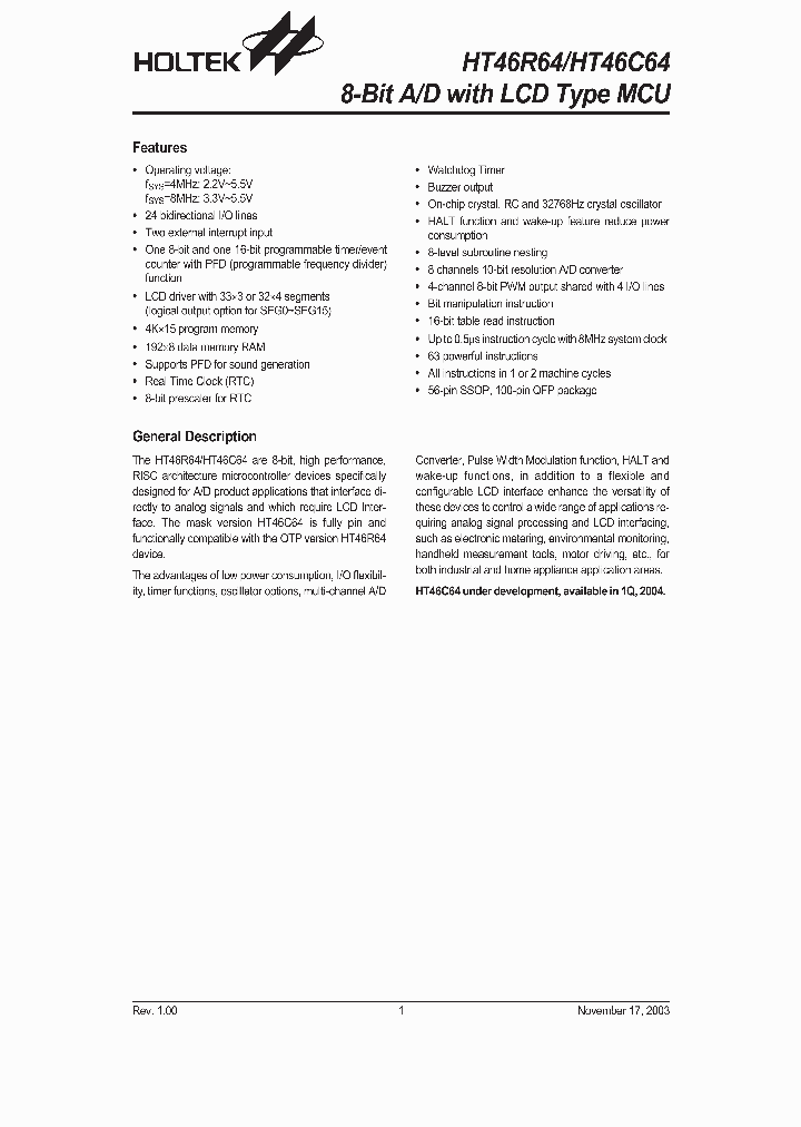 HT46R64HT46C64_201364.PDF Datasheet
