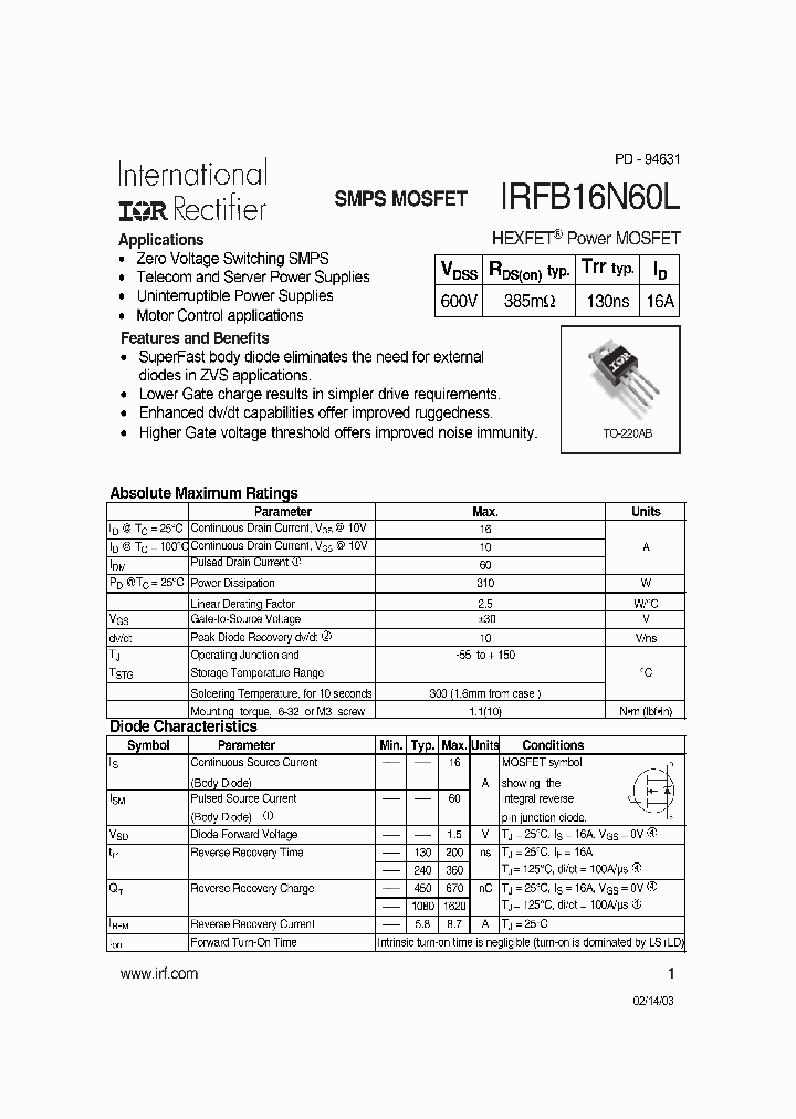 IRFB16N60L_197083.PDF Datasheet