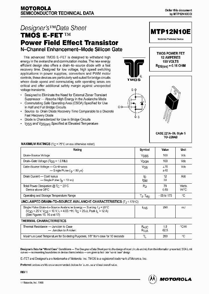 MTP12N10E_64729.PDF Datasheet