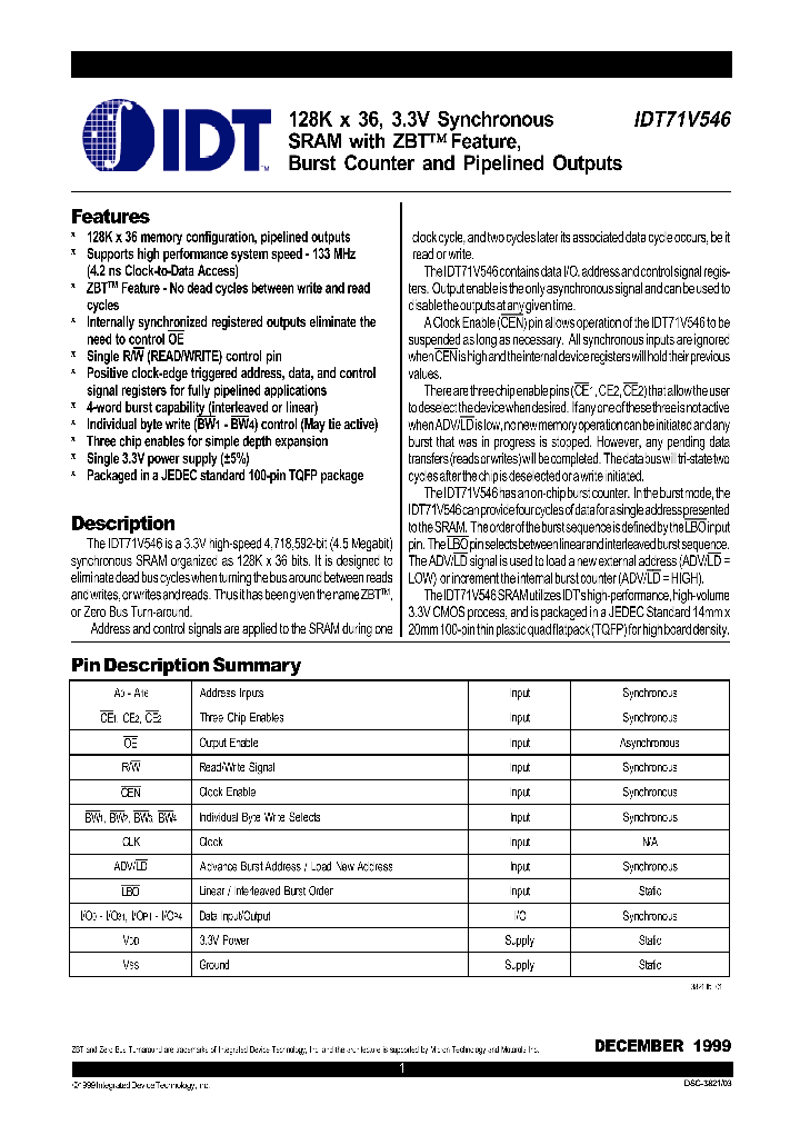 IDT71V546S117PFI_382474.PDF Datasheet