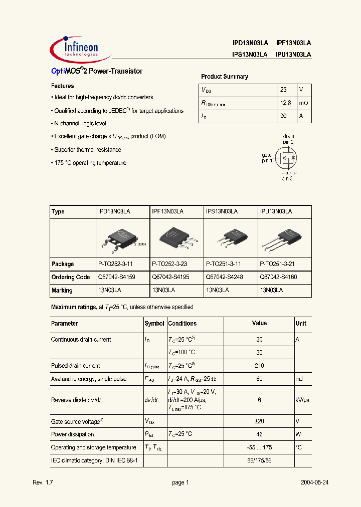 IPS13N03LA_548955.PDF Datasheet