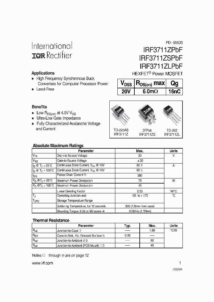 IRF3711ZLPBF_497963.PDF Datasheet
