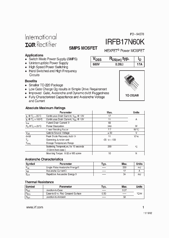 IRFB17N60K_533629.PDF Datasheet