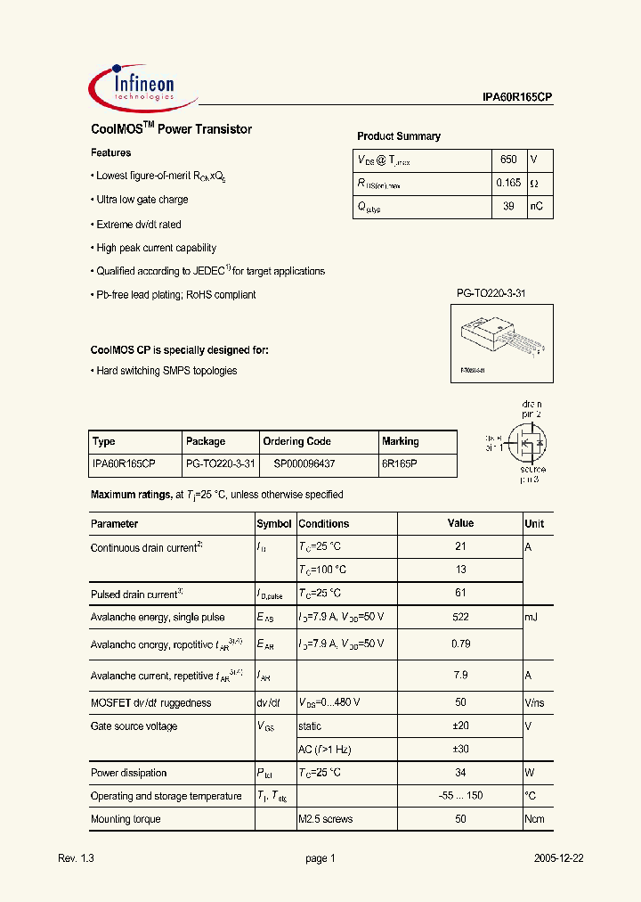 IPA60R165CP_657001.PDF Datasheet