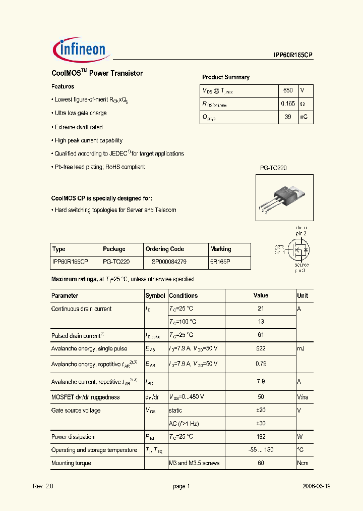 IPP60R165CP_578409.PDF Datasheet