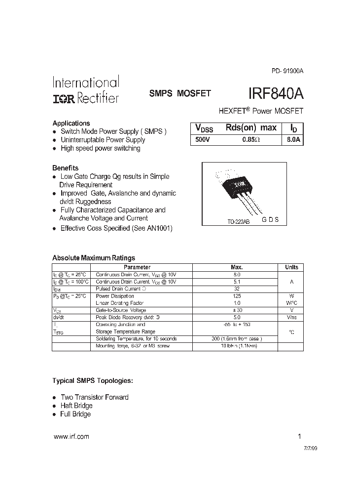 IRF840A_2616.PDF Datasheet