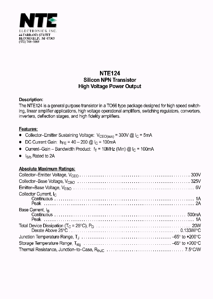 NTE124_629699.PDF Datasheet