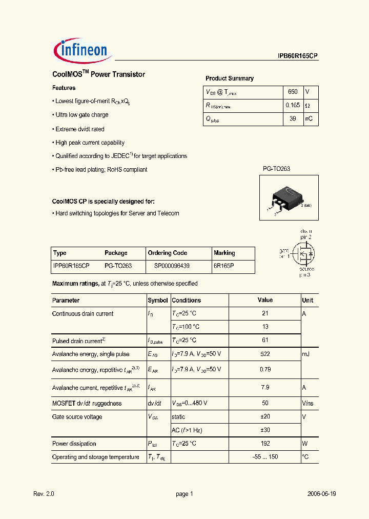 IPB60R165CP_657116.PDF Datasheet