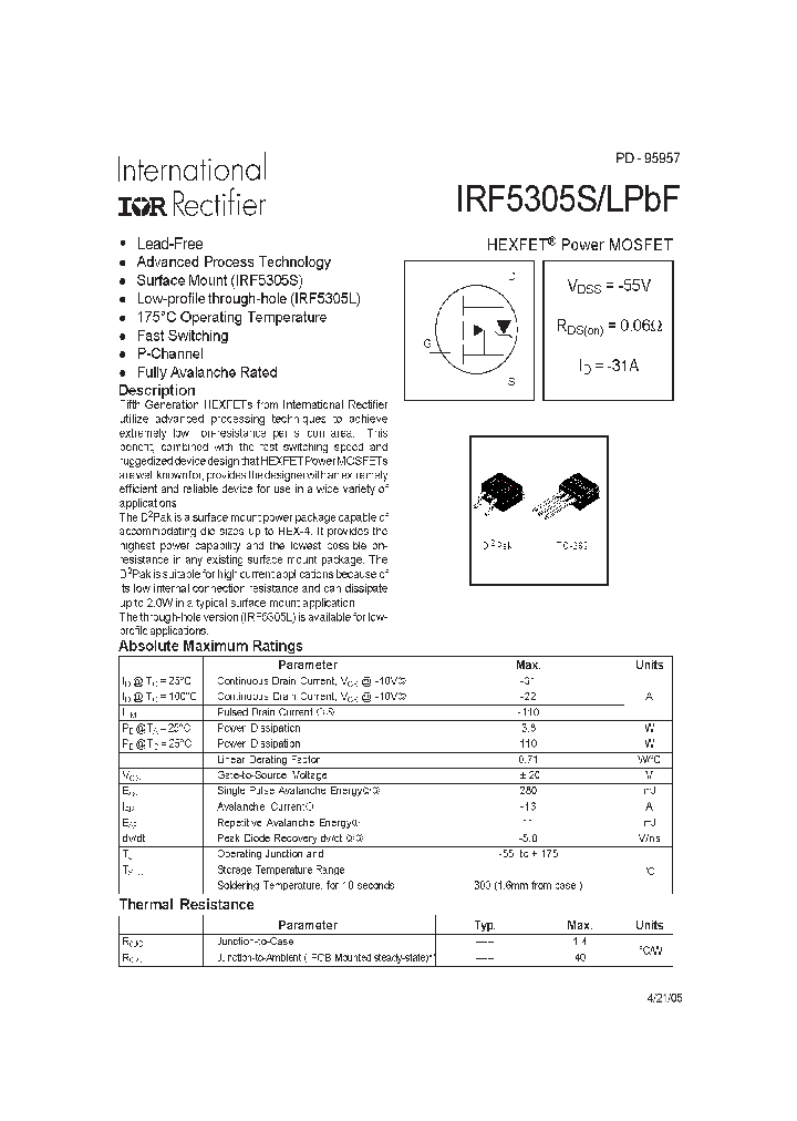 IRF5305LPBF_717245.PDF Datasheet