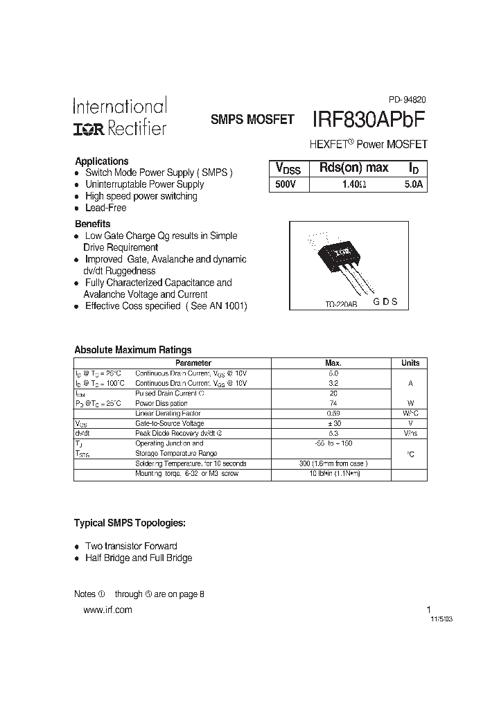 IRF830APBF_709760.PDF Datasheet