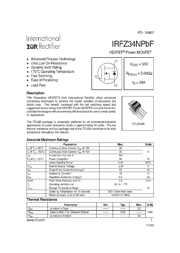 IRFZ34NPBF_709390.PDF Datasheet