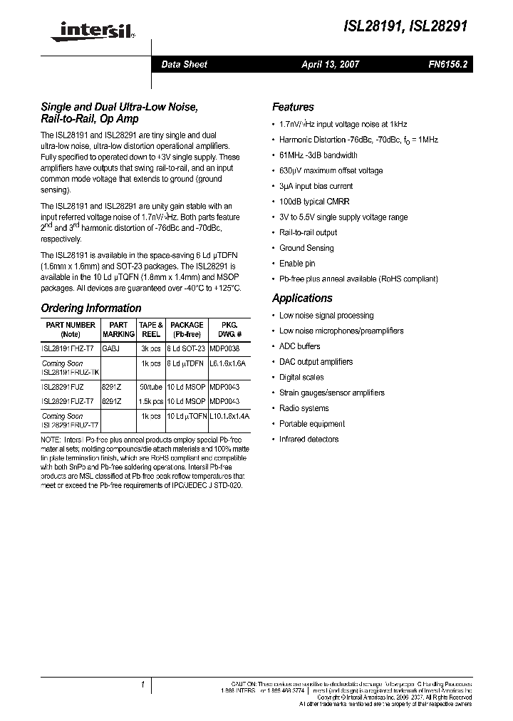 ISL28291_719804.PDF Datasheet