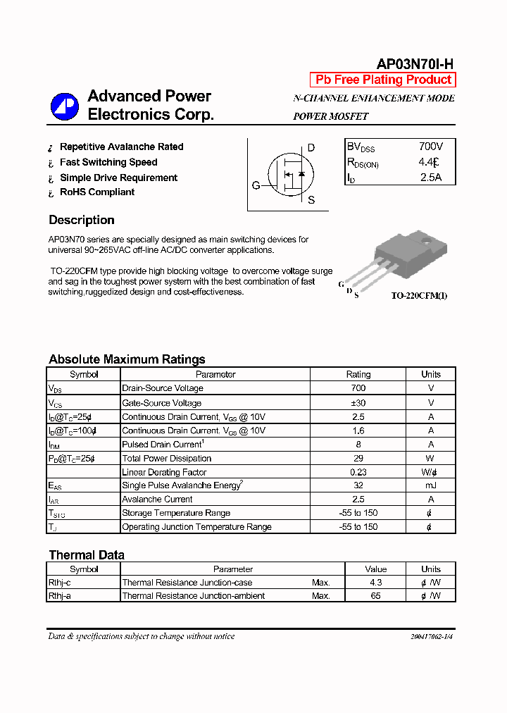 AP03N70I-H_1168759.PDF Datasheet