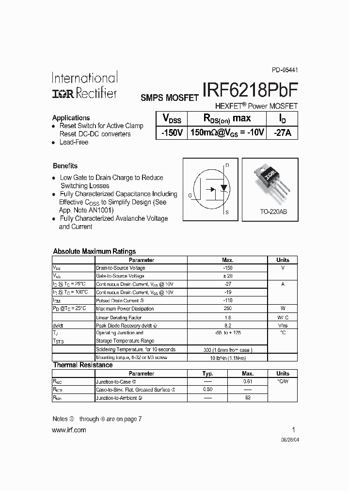 IRF6218PBF_720307.PDF Datasheet