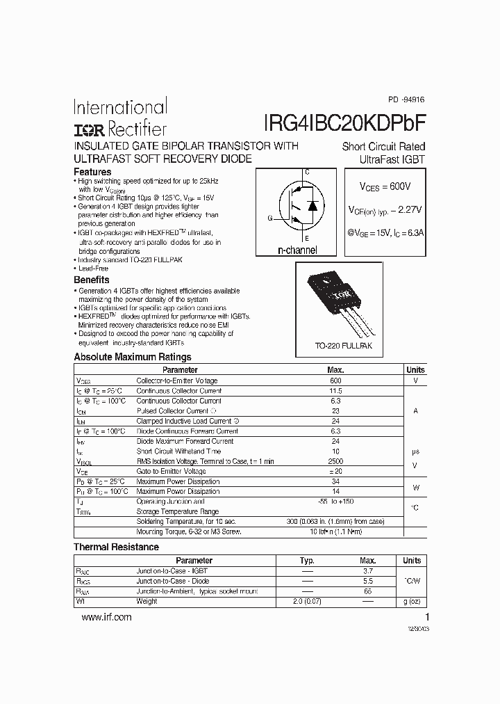 IRG4IBC20KDPBF_1256347.PDF Datasheet