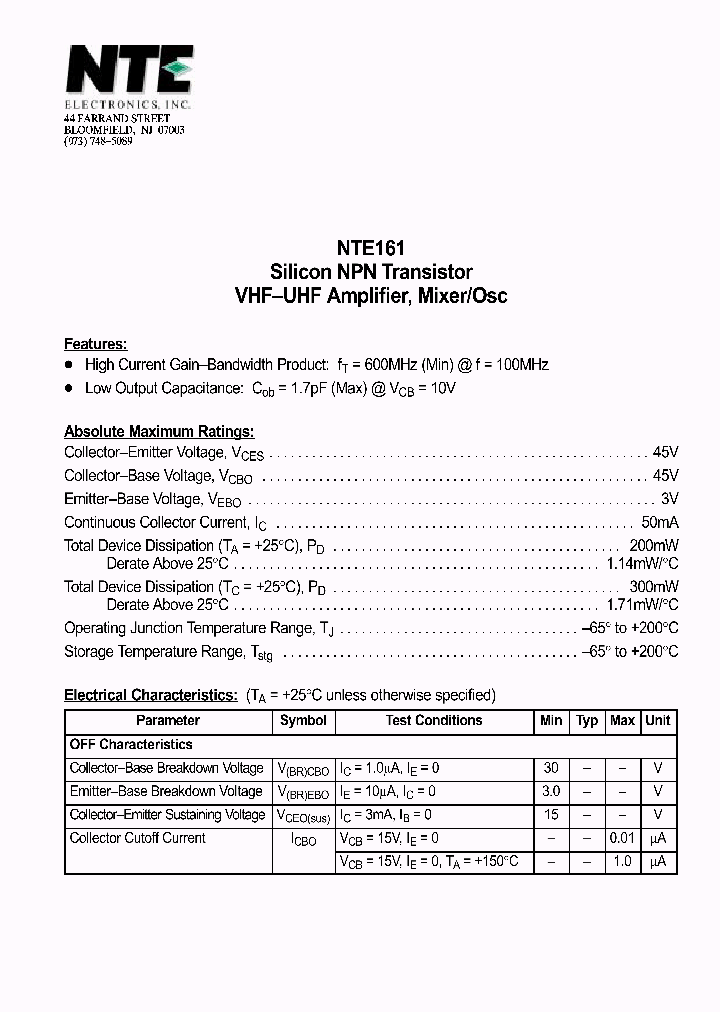 NTE161_1290209.PDF Datasheet