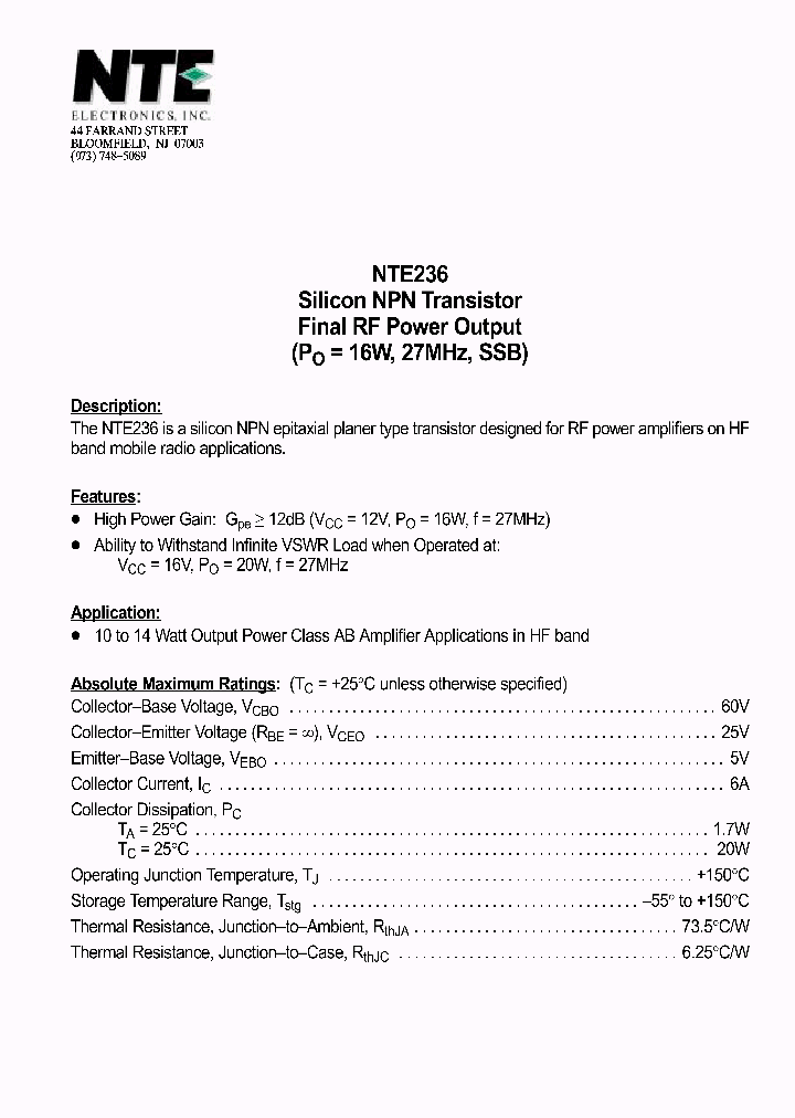 NTE236_1290555.PDF Datasheet