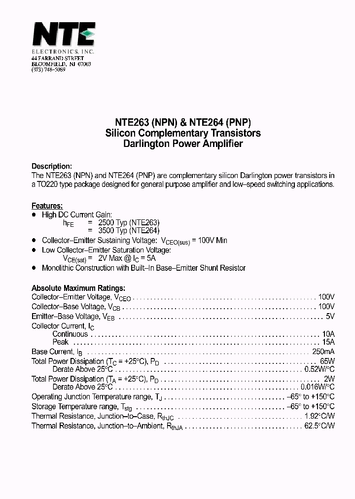 NTE264_1130622.PDF Datasheet