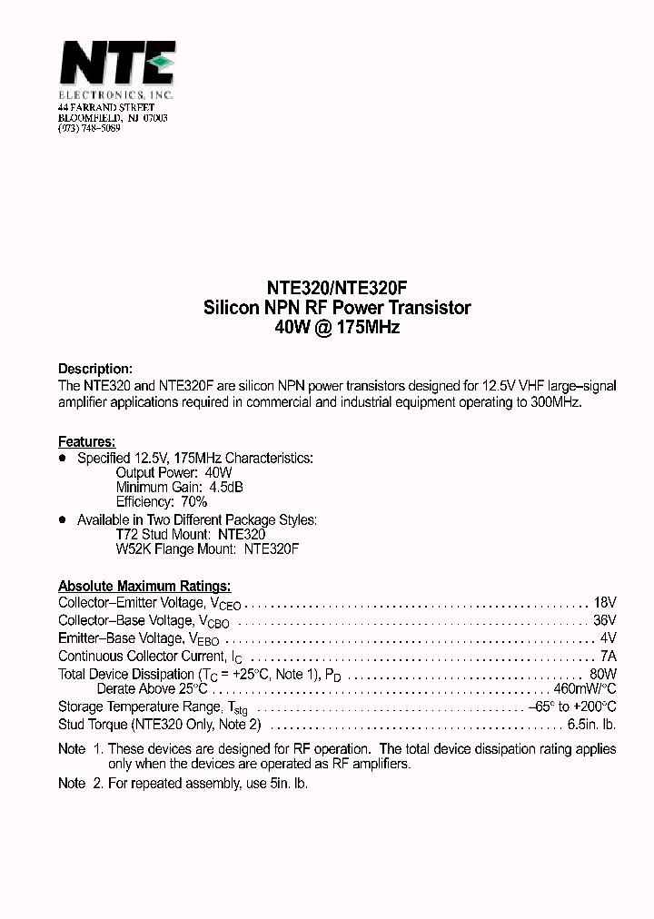 NTE320F_1290833.PDF Datasheet