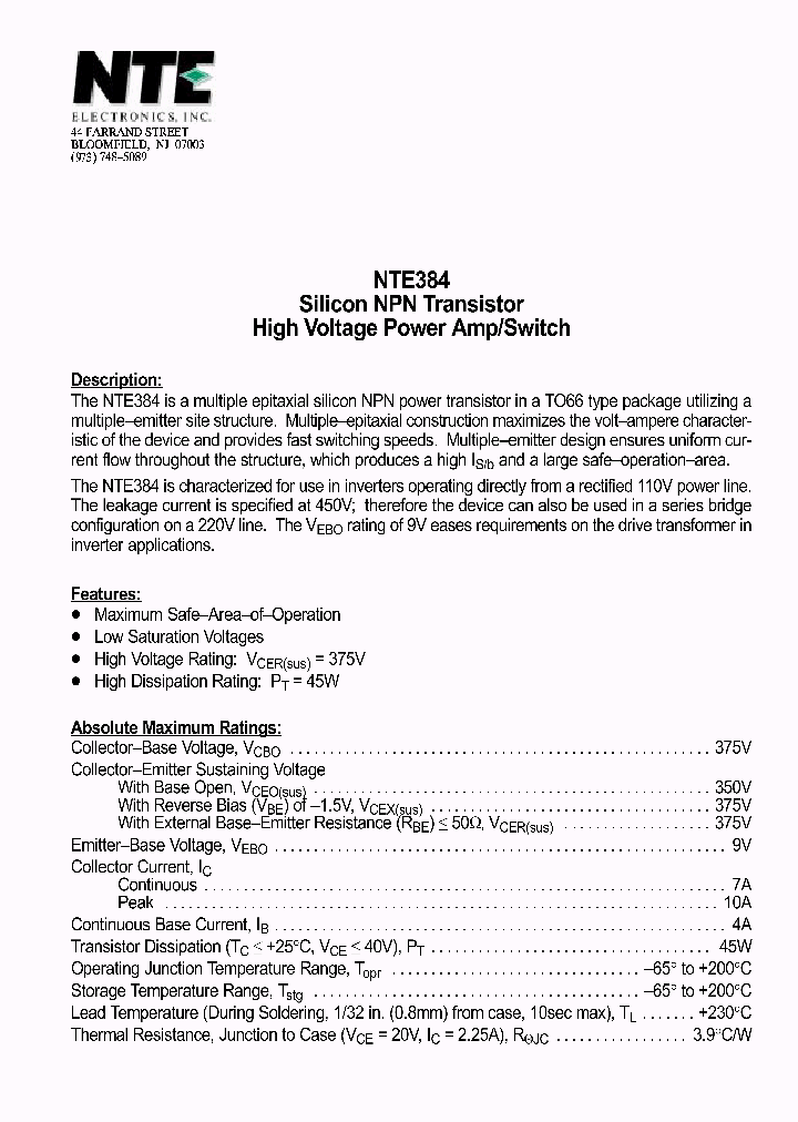 NTE384_1290887.PDF Datasheet