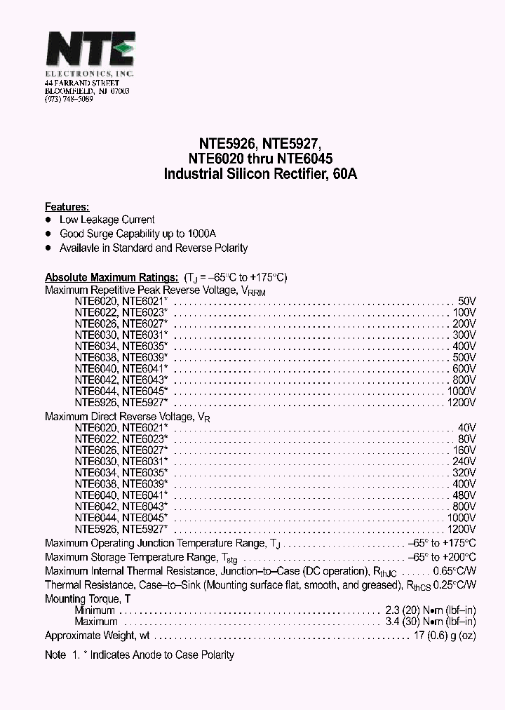 NTE6045_1291099.PDF Datasheet