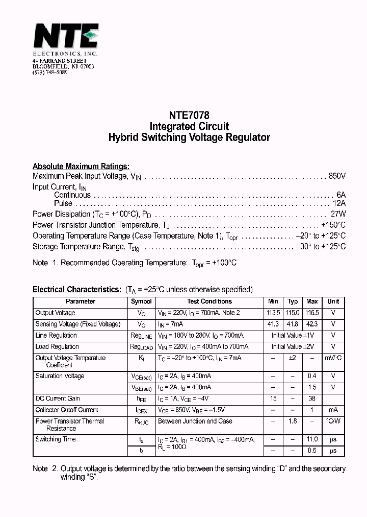 NTE7078_1291222.PDF Datasheet