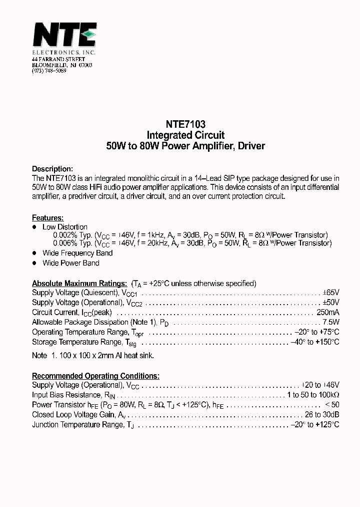 NTE7103_1291243.PDF Datasheet
