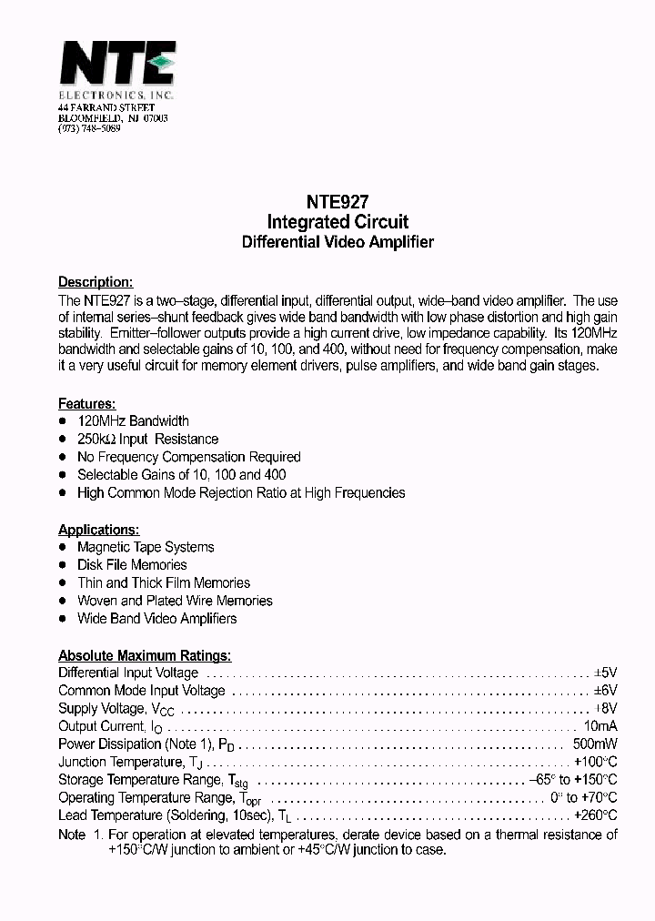 NTE927_1291388.PDF Datasheet