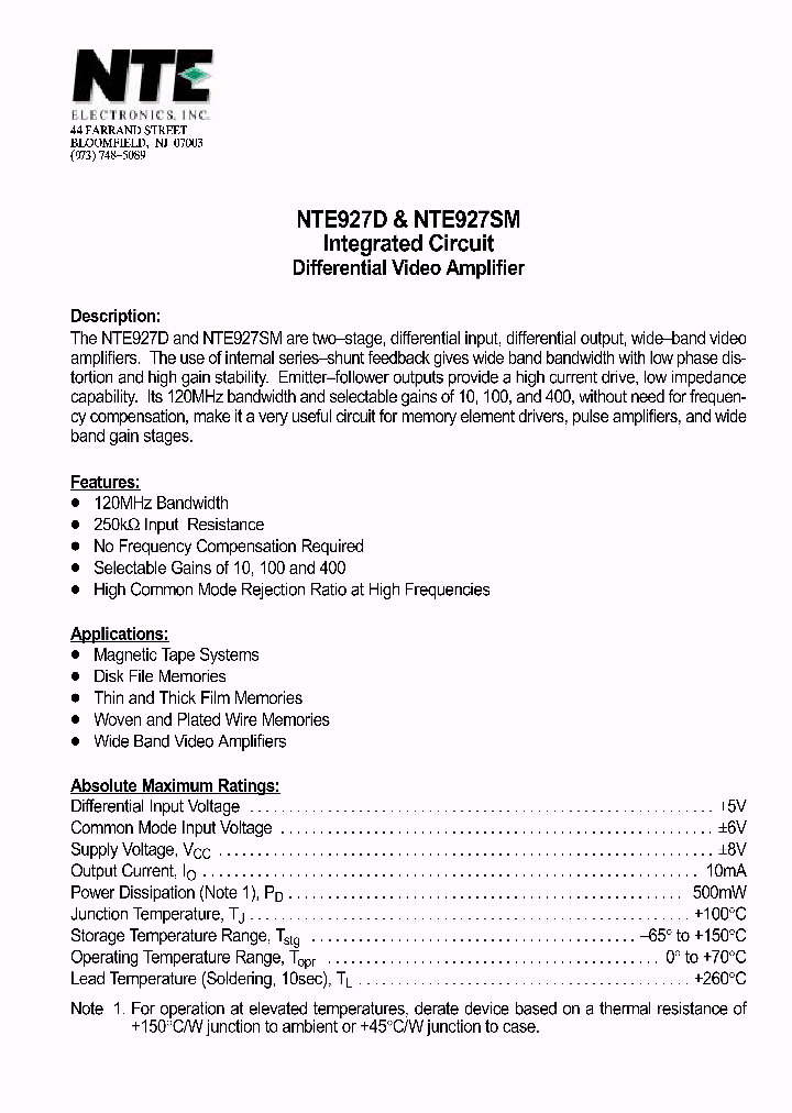 NTE927SM_1291389.PDF Datasheet