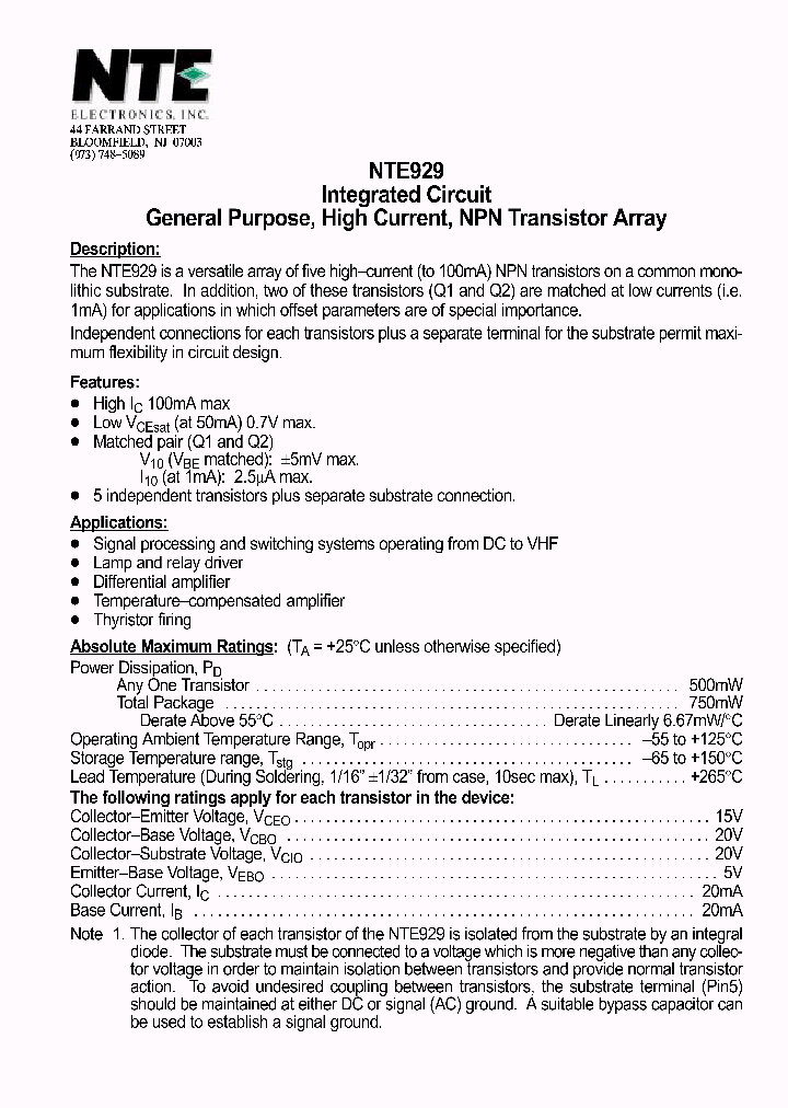 NTE929_1291393.PDF Datasheet