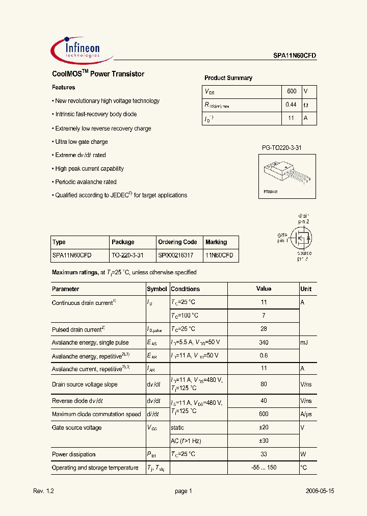SPA11N60CFD_1315297.PDF Datasheet