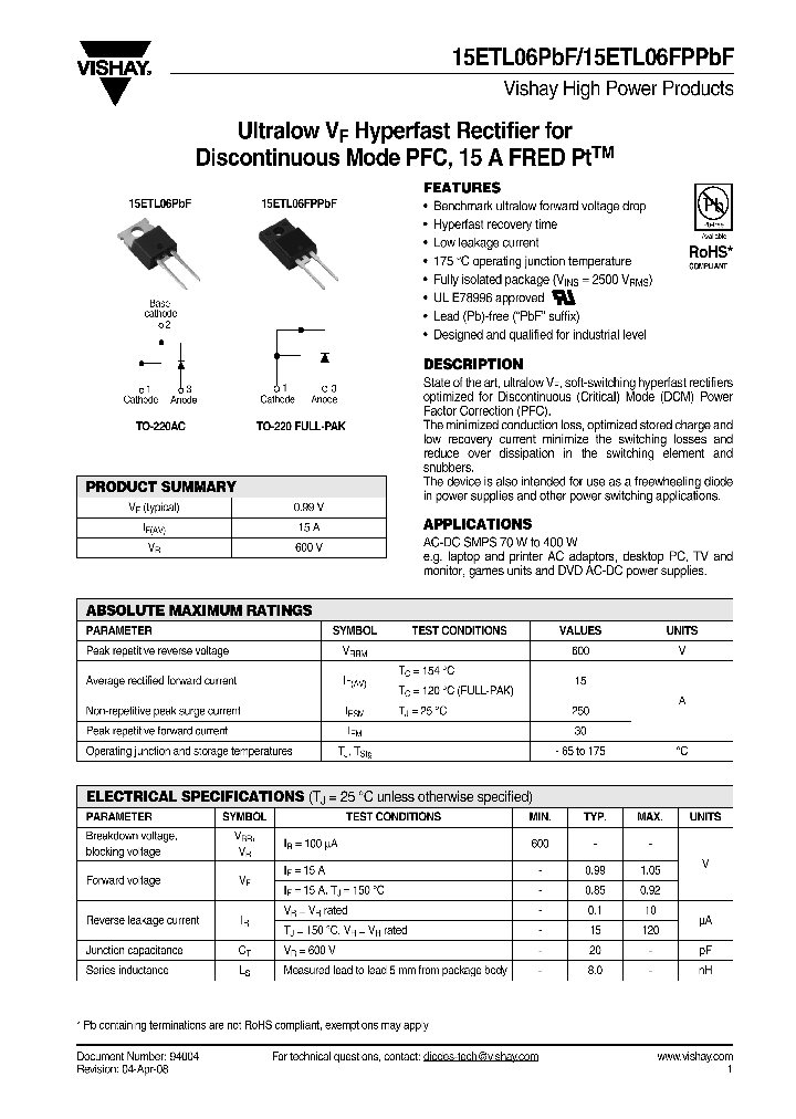 15ETL06FPPBF_4314258.PDF Datasheet