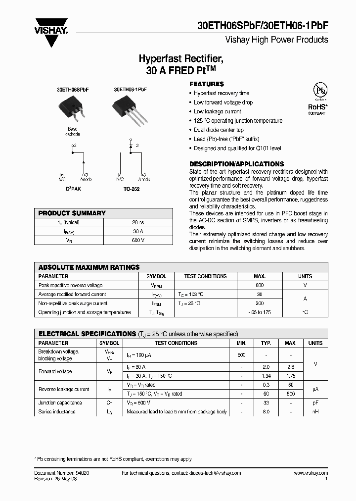 30ETH06STRRPBF_4458018.PDF Datasheet