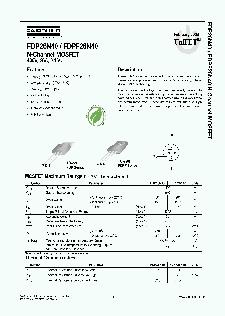 FDP26N40_4228420.PDF Datasheet