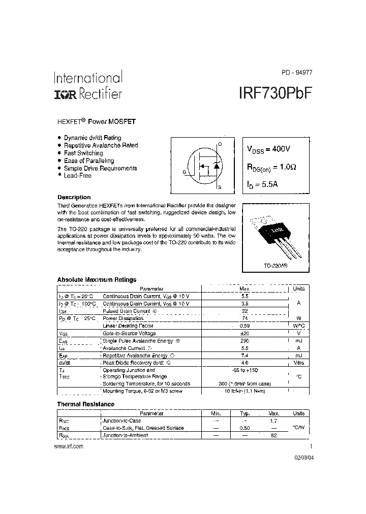 IRF730PBF_4205128.PDF Datasheet