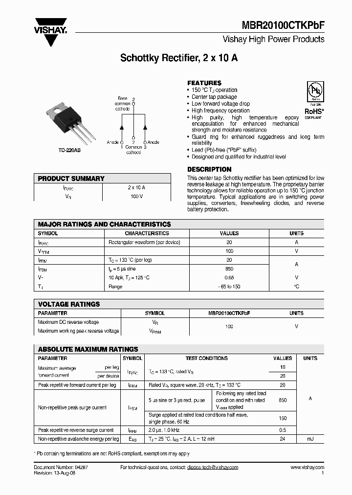 MBR20100CTKPBF_4367038.PDF Datasheet