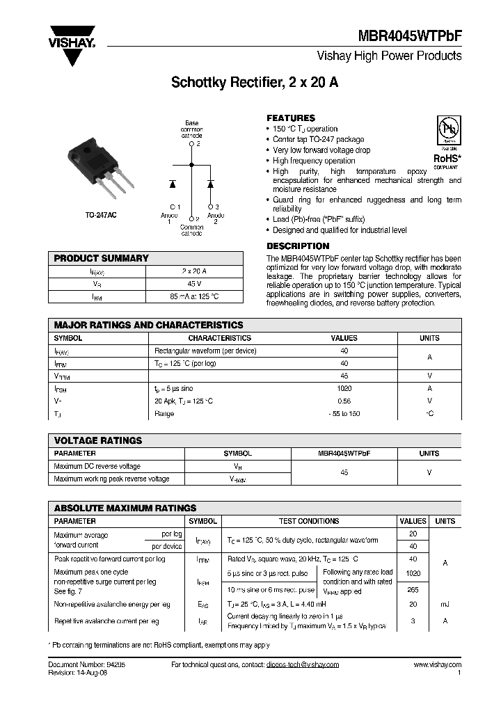 MBR4045WTPBF_4385524.PDF Datasheet